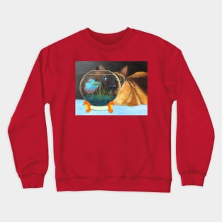 Siamese Cat Looking Through a Fishbowl at a Betta Fish. Crewneck Sweatshirt